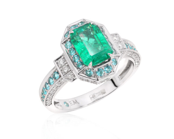 Золотое кольцо с изумрудом 1.71ct и турмалинами параиба 0.90ct Evgeny Matveev