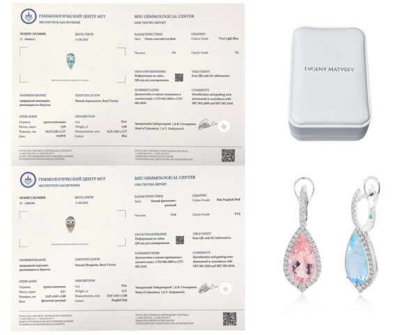 Золотые серьги с аквамарином 3.99ct и морганитом 4.21ct Evgeny Matveev